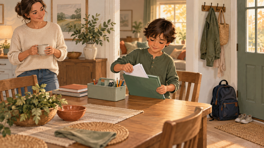 Child putting completed homework into a folder at the end of the day