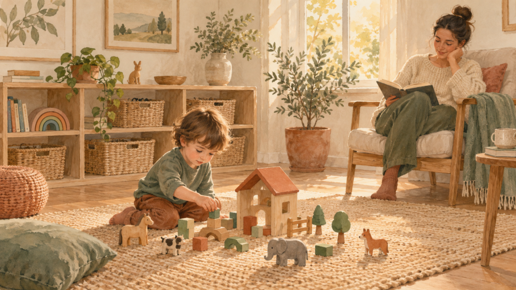 Illustrated child enjoying independent play in a calm organized playroom