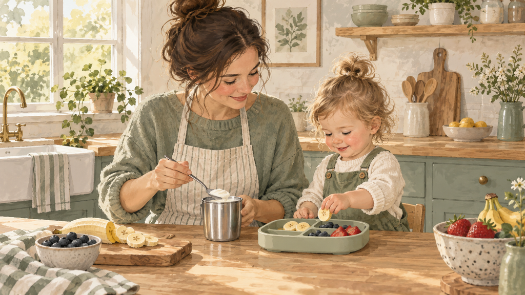 Mother and toddler preparing a snack together with stainless steel and silicone feeding items.