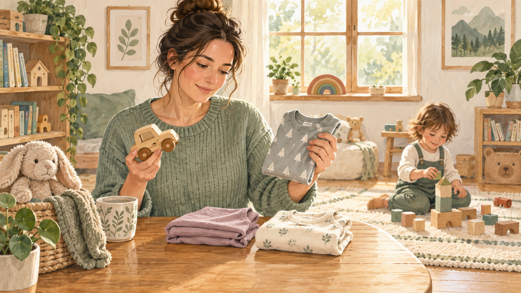 Parent thoughtfully checking a child’s toy and clothing while the child plays nearby.