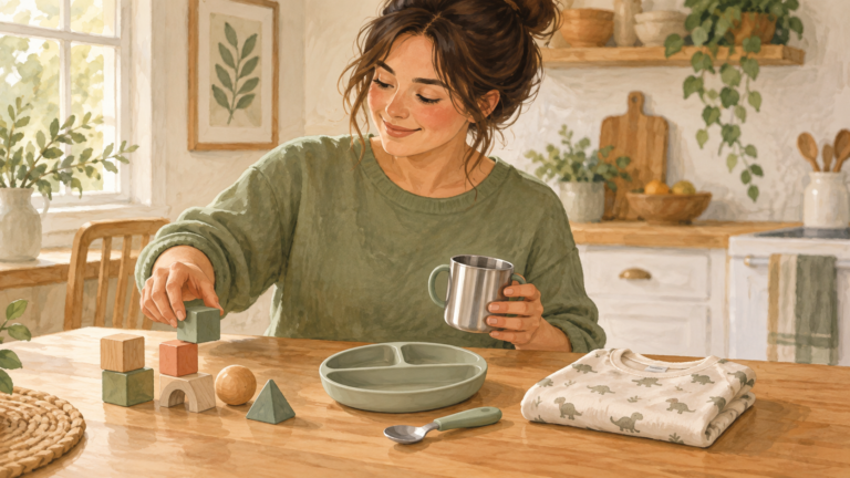 Watercolor illustration of a mother considering children’s products, including a stainless steel cup, silicone plate, toy blocks, and folded clothing.