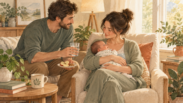 Supportive partner bringing water and a snack to a new mother holding her awake newborn after a feed