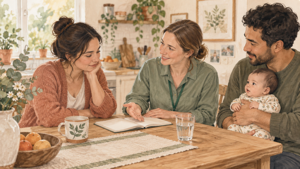 New parents speaking with a lactation support professional about early breastfeeding questions
