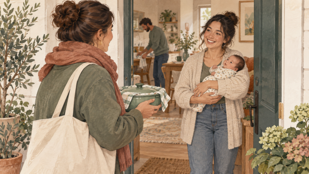 Friend bringing a nourishing meal to support a new mother and newborn at home