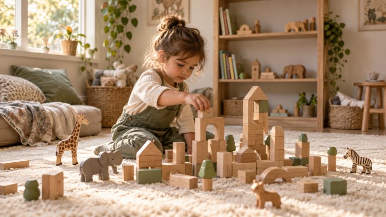 Child building an imaginative block city in a calm playroom