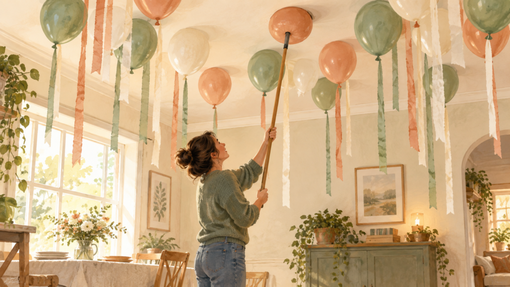 Air-filled birthday balloons with paper streamers attached to a ceiling