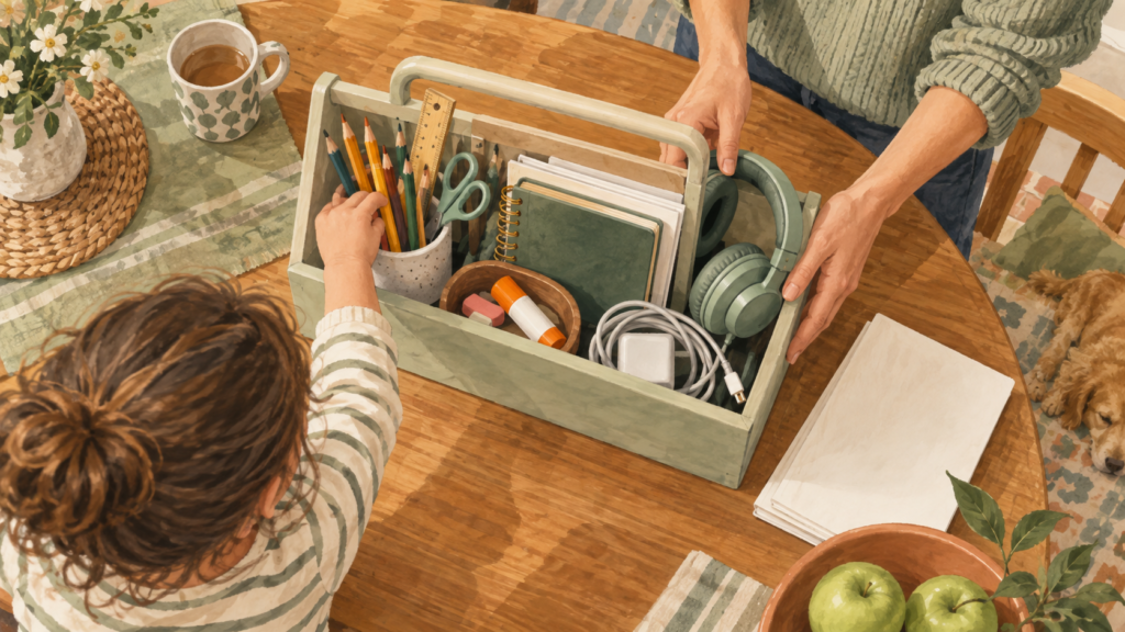 Parent and child organizing school supplies in a portable homework caddy