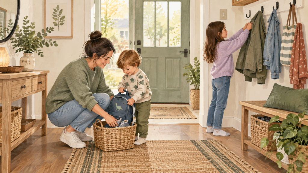 A parent helps a young child put shoes away while an older child hangs a jacket by the door