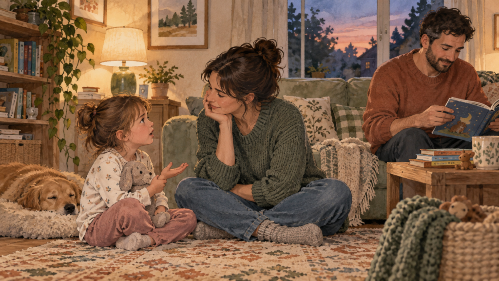 A parent listens to a young child in the living room while another adult reads nearby