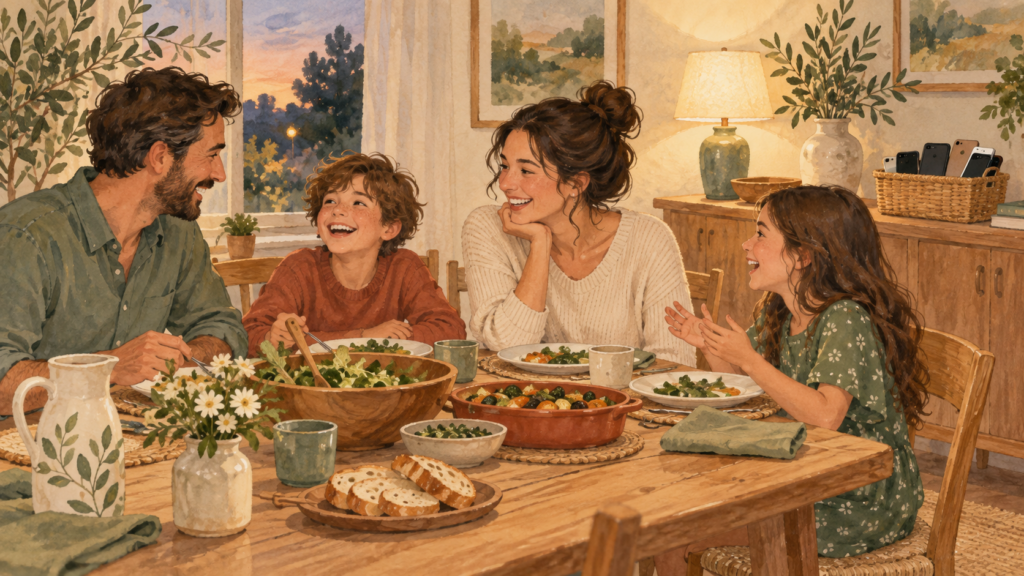 Family sharing a screen-free dinner and talking together at home