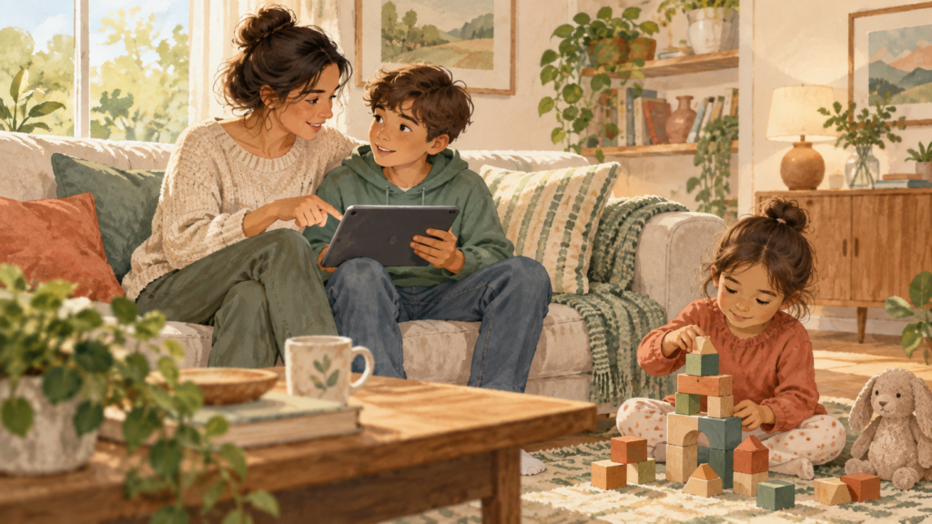 Parent and child using a tablet together and talking about what they are watching