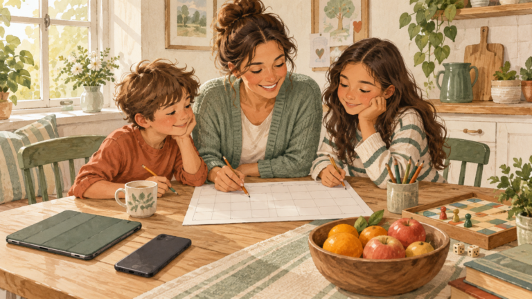 Family creating a simple screen-time plan together at a kitchen table with devices set aside