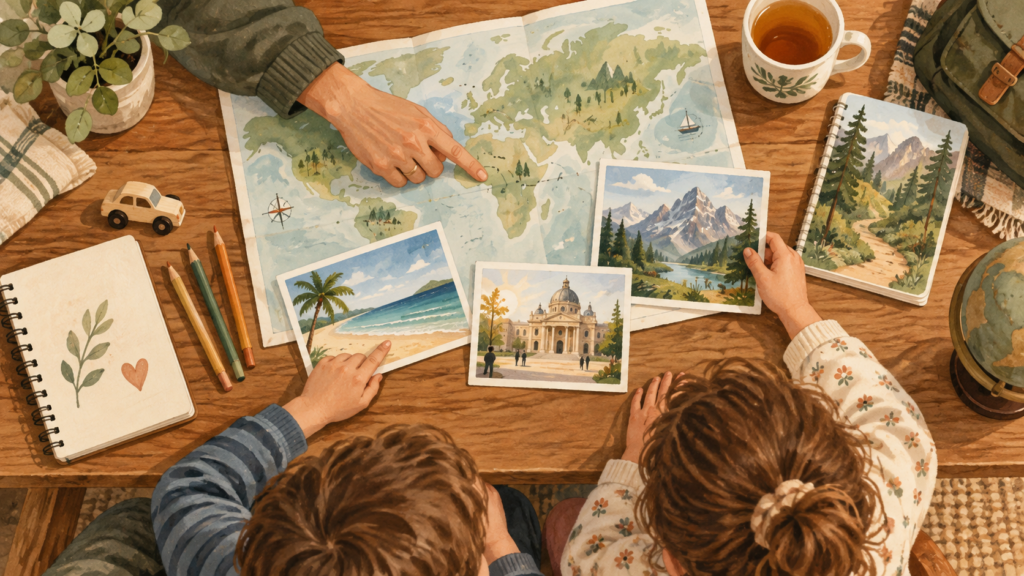 Illustrated family choosing a travel destination together at home