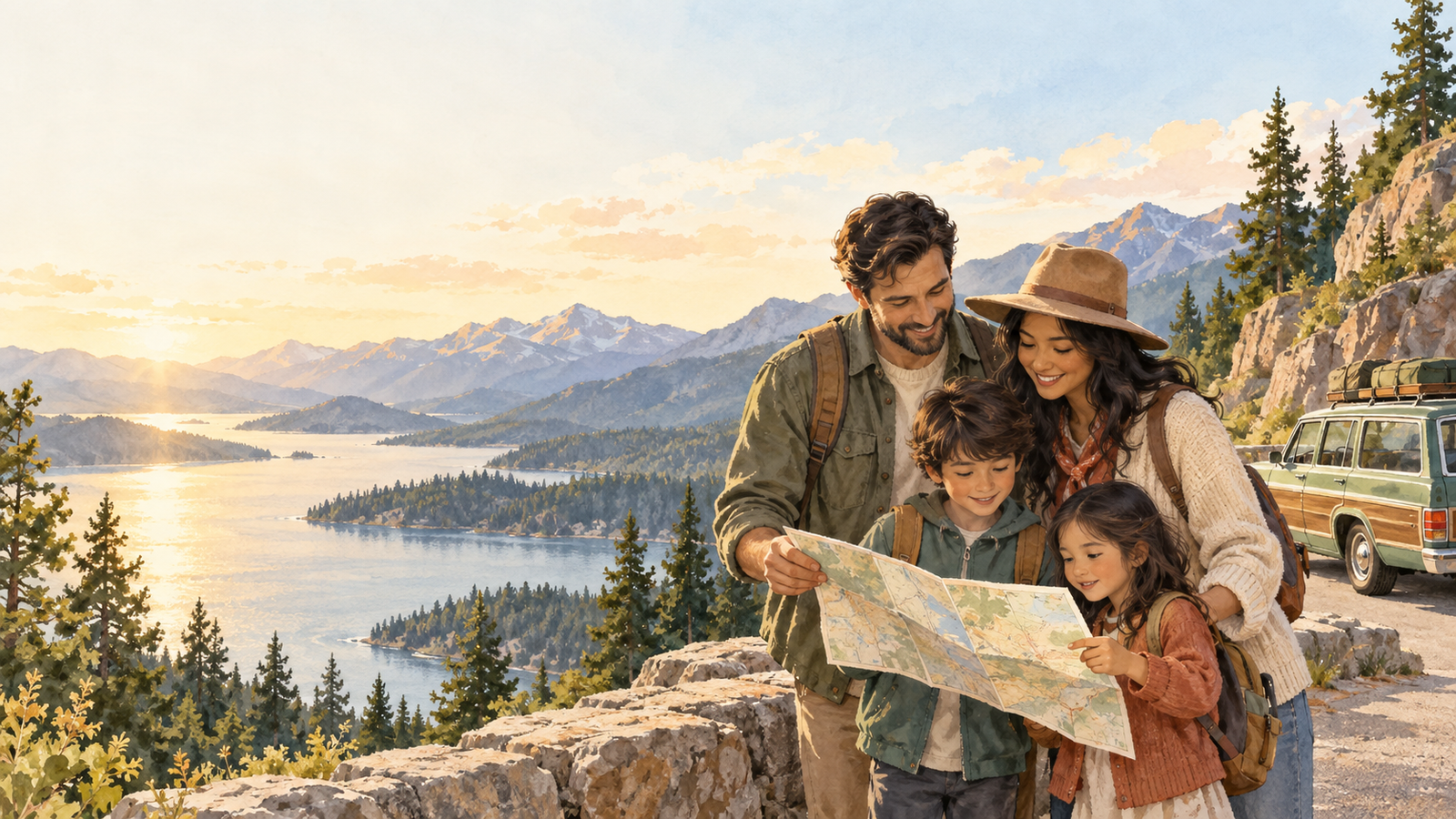 Illustrated family planning a peaceful road trip through a mountain landscape