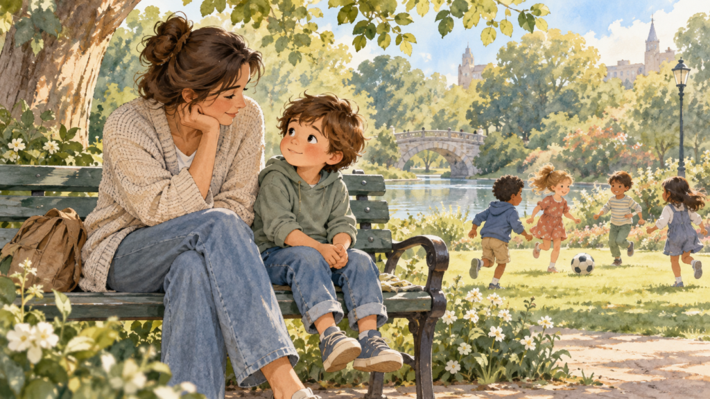 A child watches other children play while sitting with a parent in the park.