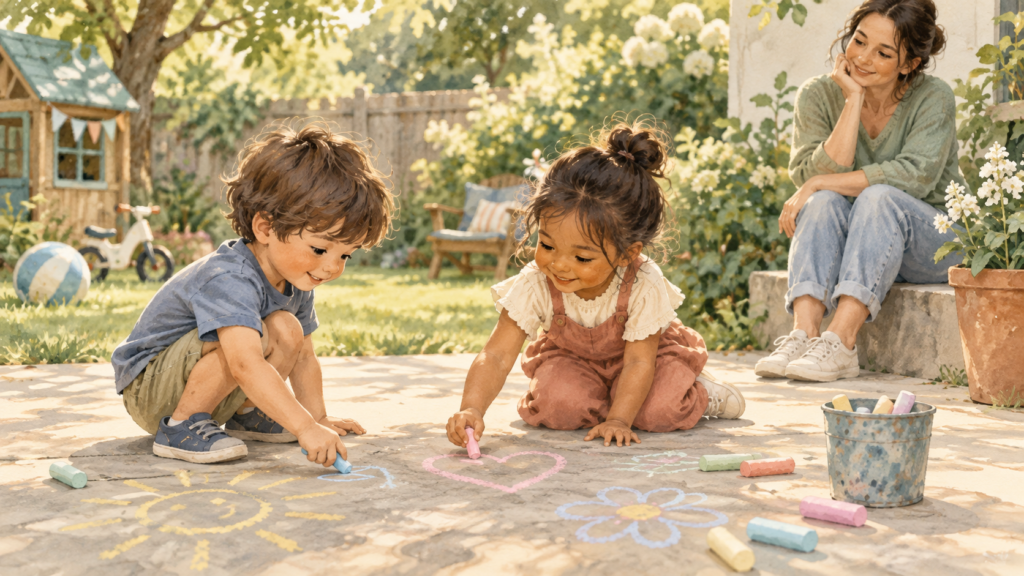 A child joins a playdate activity while a parent offers quiet support nearby.