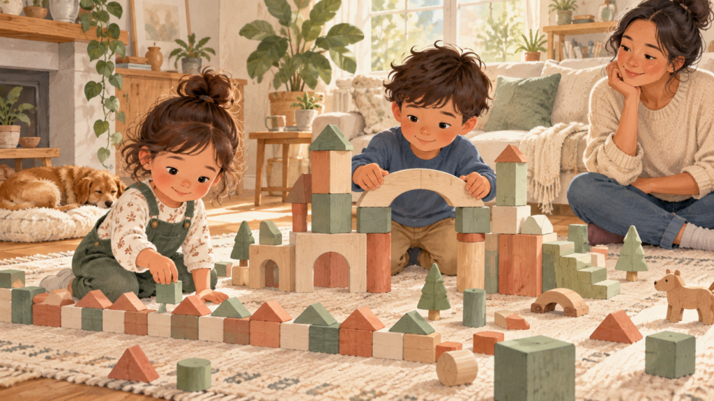 Children building a block city and exploring patterns, shapes, and spatial reasoning at home