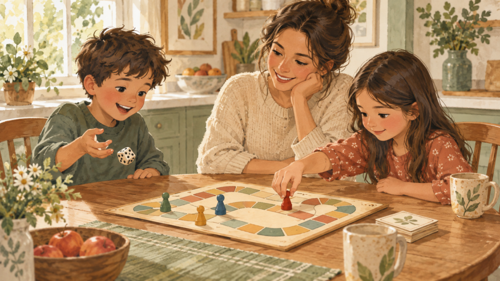 Parent and children playing a board game that encourages counting, turn-taking, and strategy
