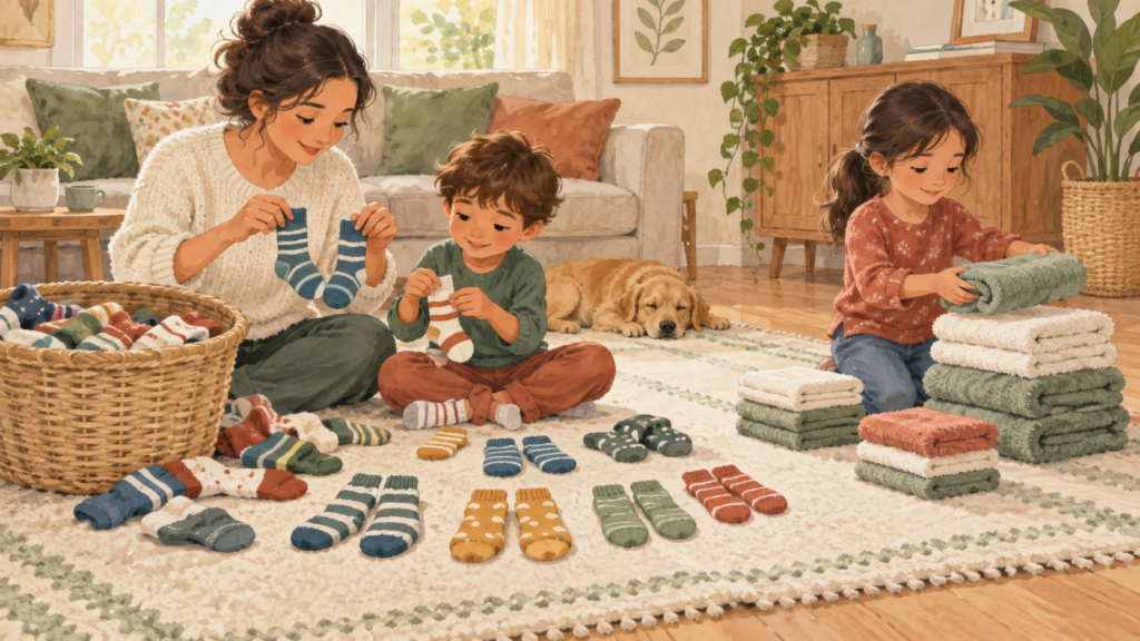 Family sorting socks and folding towels to practice matching, grouping, and comparing at home
