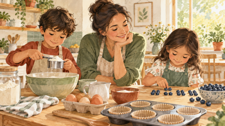 Parent and children learning everyday math while baking together in a warm kitchen