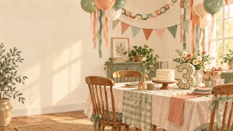 Illustrated DIY birthday party at home with handmade decorations