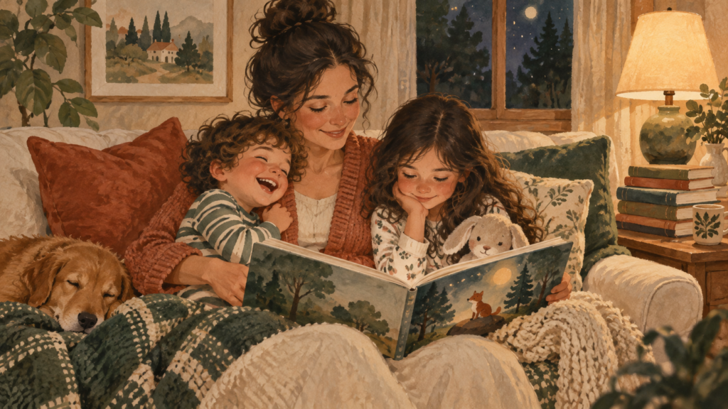 Illustrated parent reading aloud with children during a cozy bedtime routine