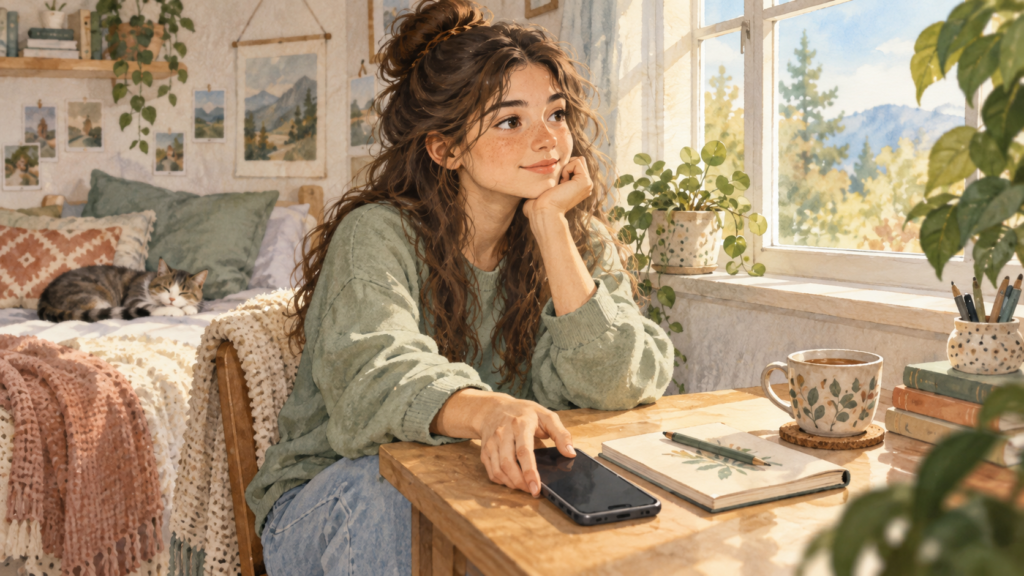 Teen taking a mindful break from social media beside a journal.