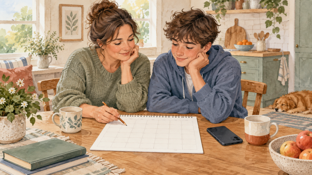 Parent and teen creating a family media plan together at the kitchen table.