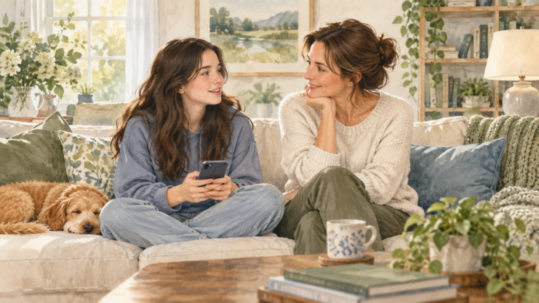 Mother listening as her teenage daughter talks about social media at home.