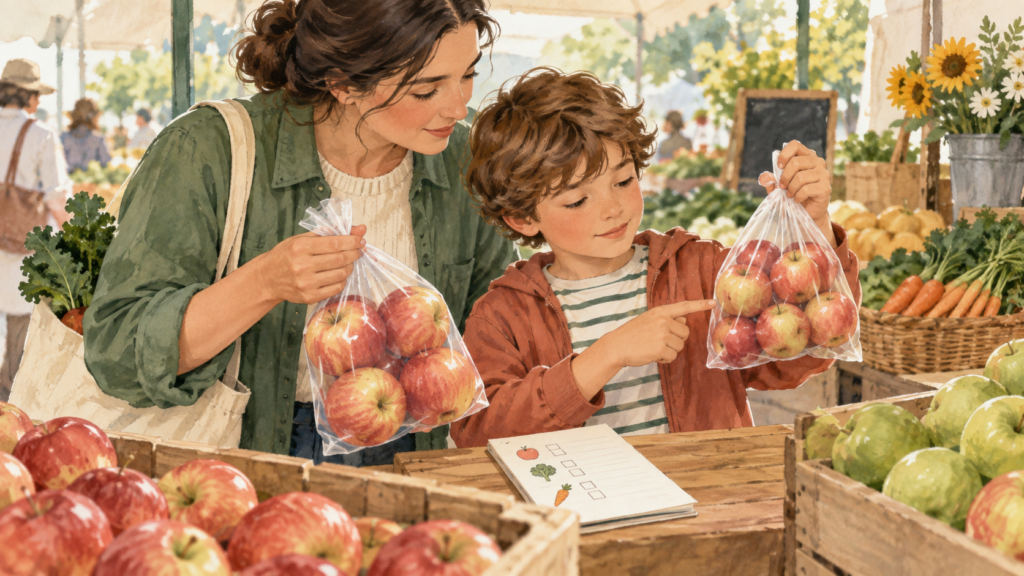 Parent and child comparing bags of apples and practicing everyday math at a farmers market