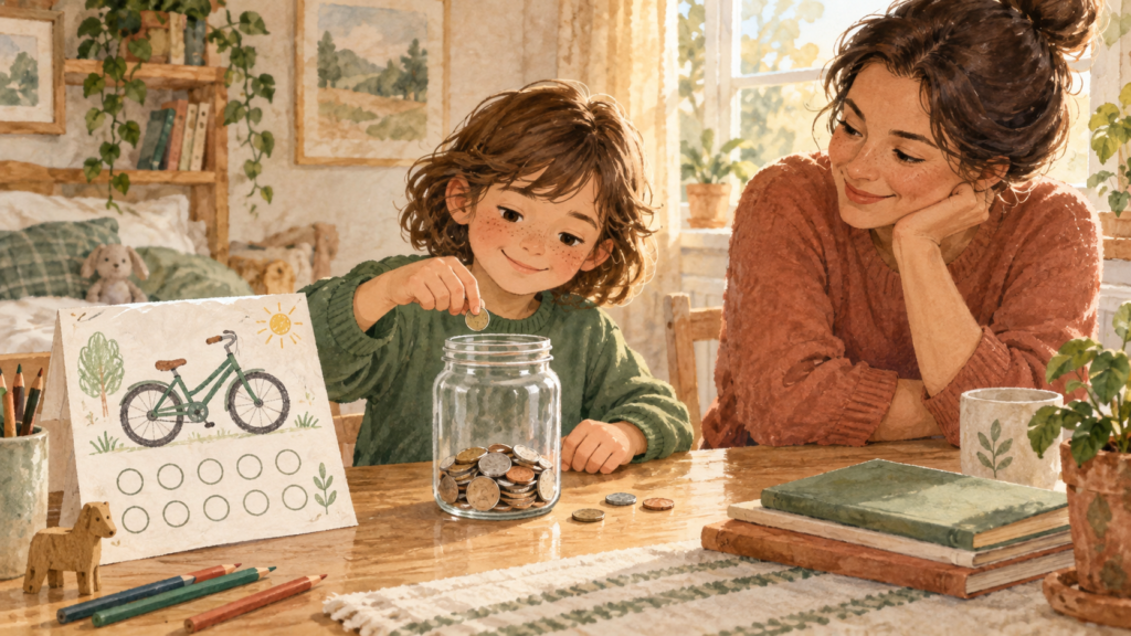 Child saving coins toward a bicycle goal while a parent offers encouragement