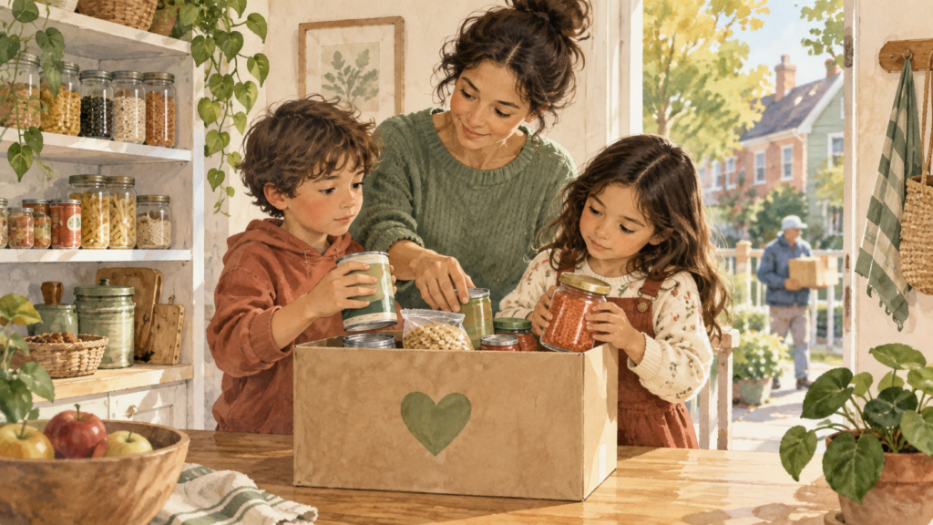 Family choosing groceries together for a neighborhood food donation box