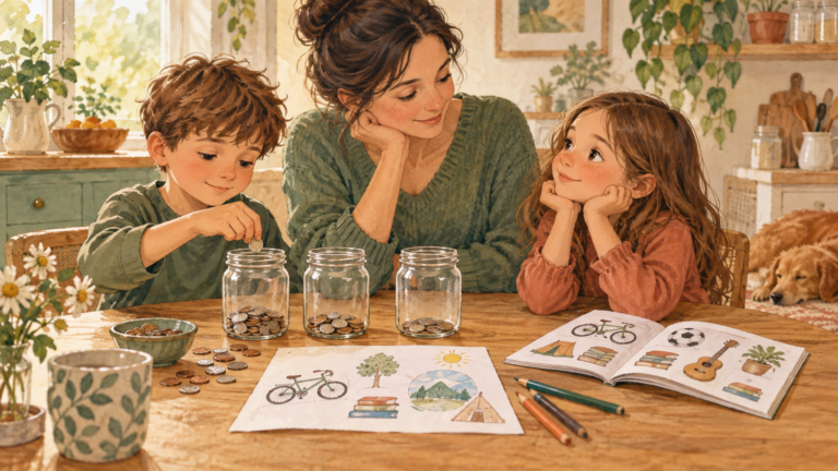Parent and children discussing saving goals and making thoughtful choices with coins at home