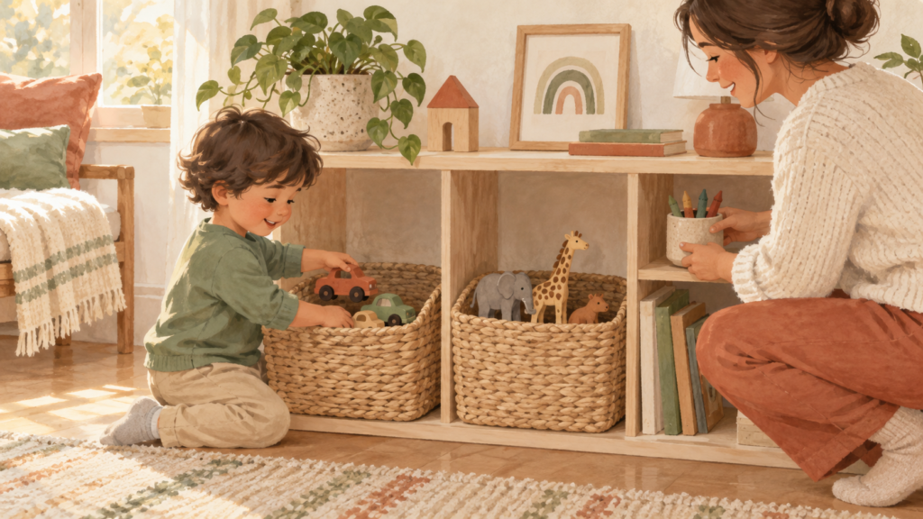 Illustrated child putting toys away in broad open storage baskets