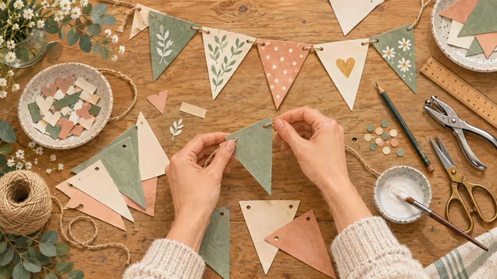 Making a handmade paper pennant banner for a birthday party