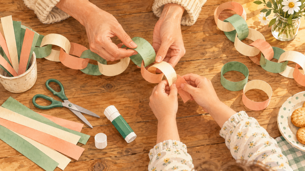 Adult and child making colorful paper chains for a DIY birthday party