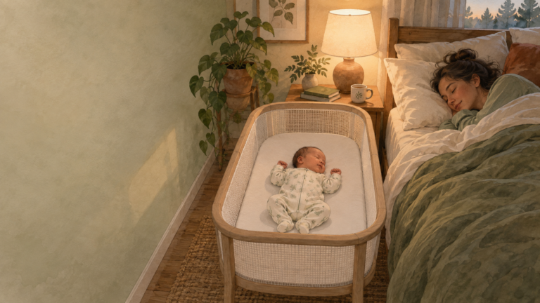 Illustrated newborn sleeping safely in a separate bassinet beside a parent’s bed