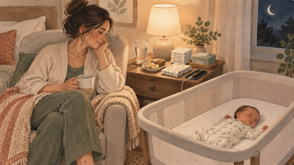 Illustrated nighttime newborn feeding station beside a safe bassinet