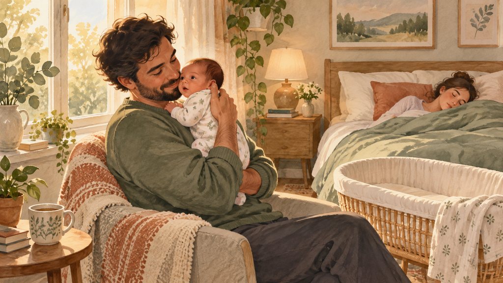Illustrated parent caring for a newborn while another parent rests nearby