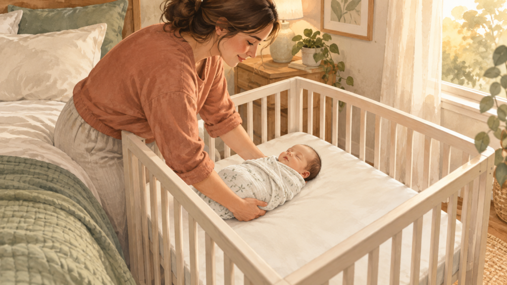 Illustrated parent placing a newborn safely on their back in an empty crib