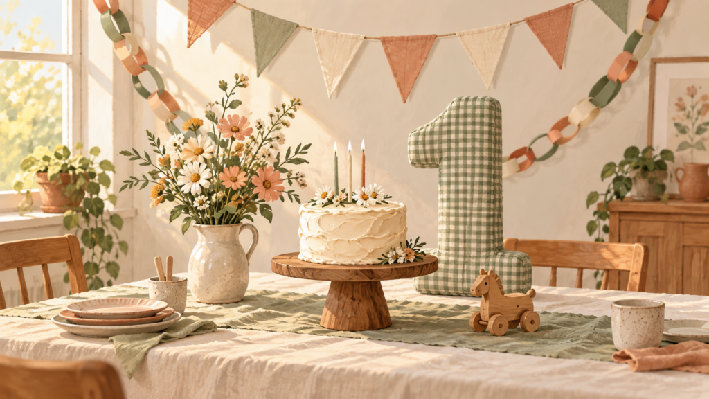 Simple handmade birthday cake table with fabric number decoration