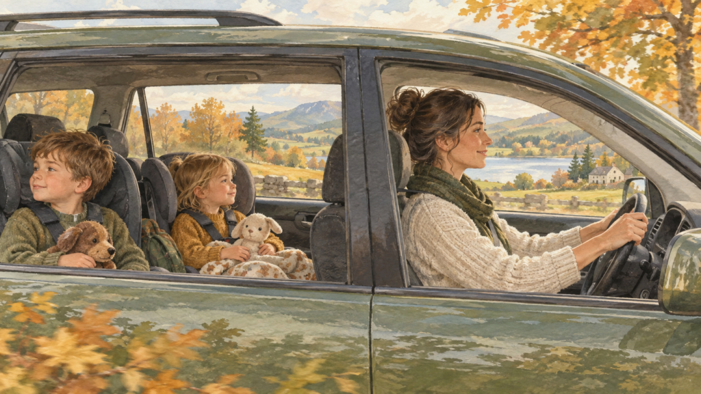 Mother driving while two children ride safely buckled in the back seat and look out the window.