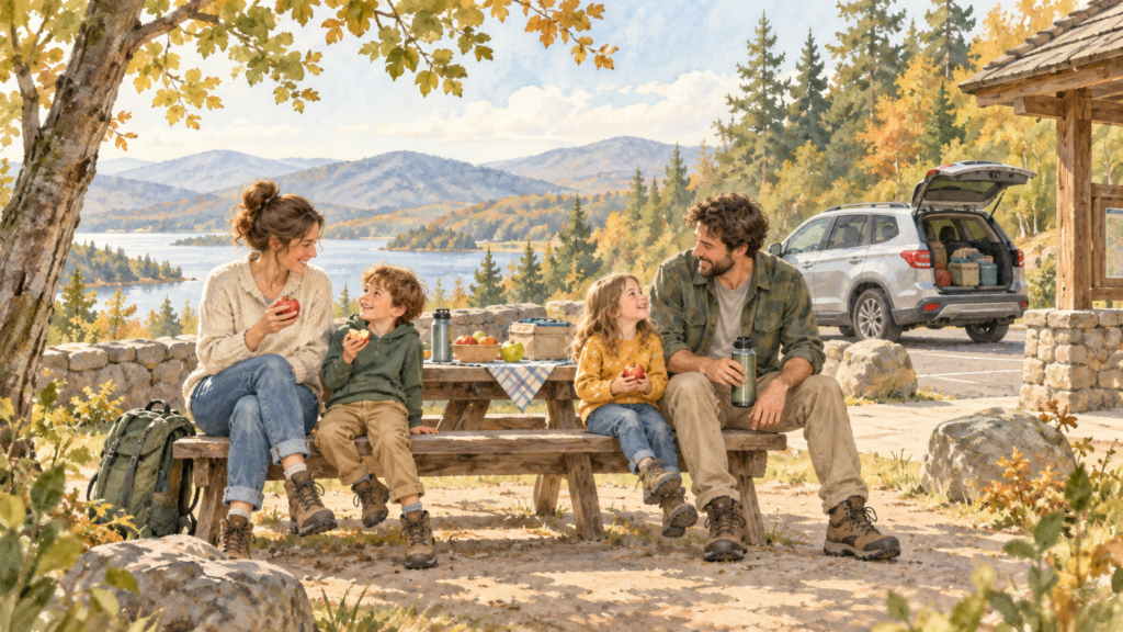 Family taking a relaxed picnic break during a road trip at a scenic roadside stop.