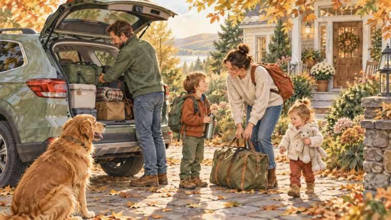 Family packing their car for an autumn road trip, with bags ready and children helping.