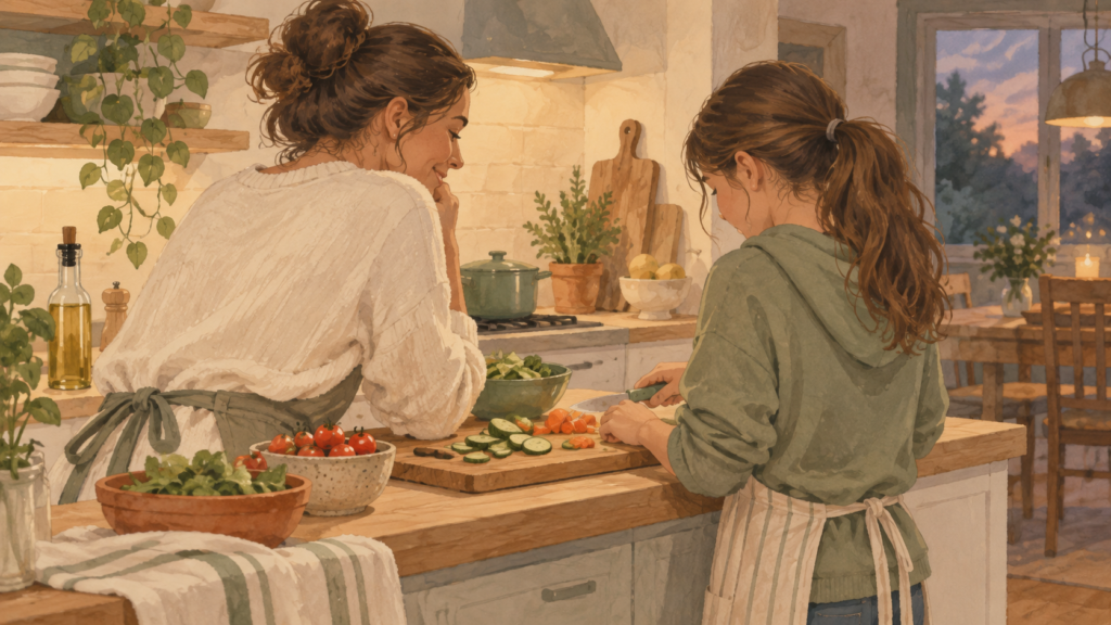 Parent and tween preparing a meal together and connecting side by side in the kitchen