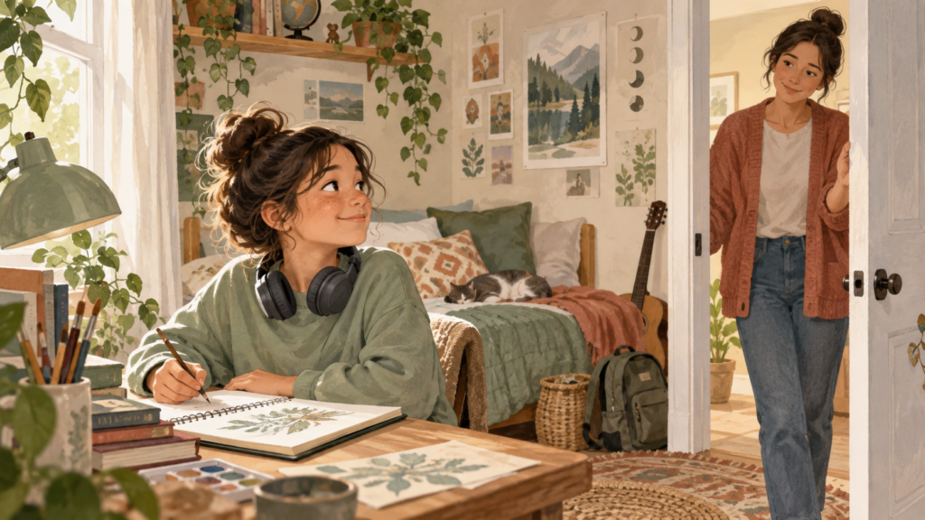 Parent respectfully pausing at a tween’s doorway while the tween draws at a desk