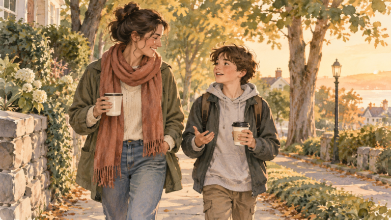Parent and tween walking together and having a relaxed conversation at sunset