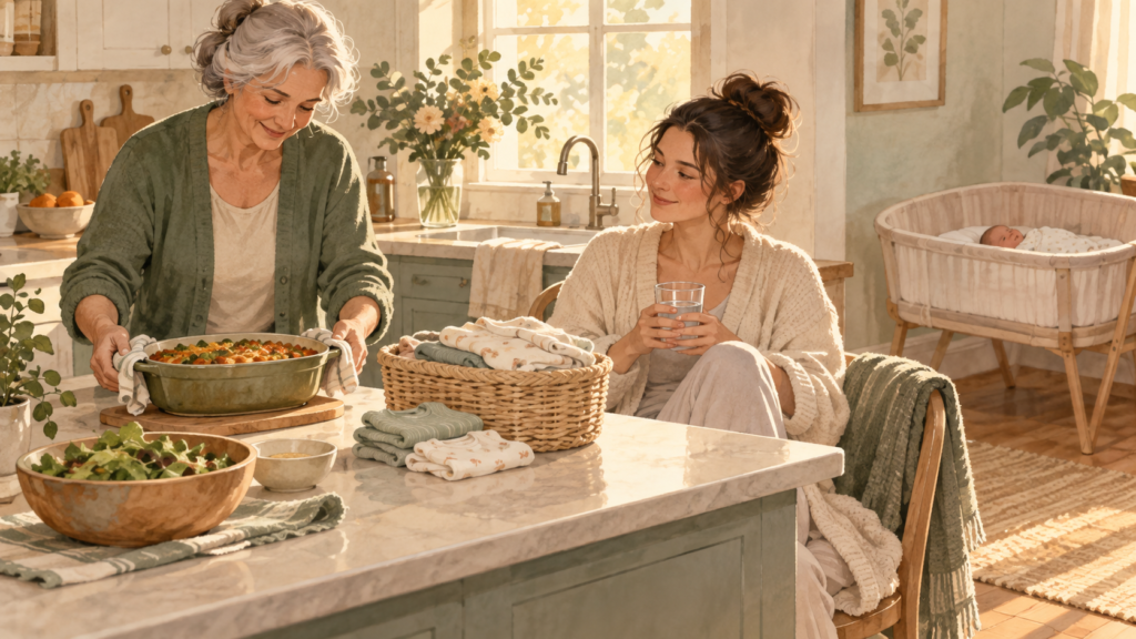 Supportive family member bringing a meal and folding laundry while a new mother rests at home