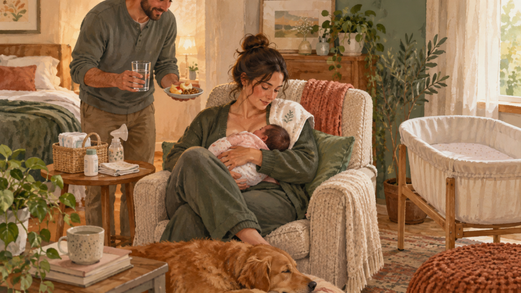 Partner bringing water and a snack while a new mother feeds her newborn