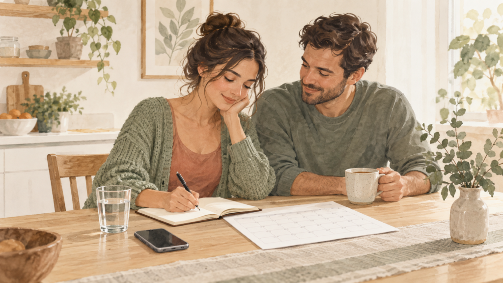 New parents creating a postpartum support plan together at their kitchen table